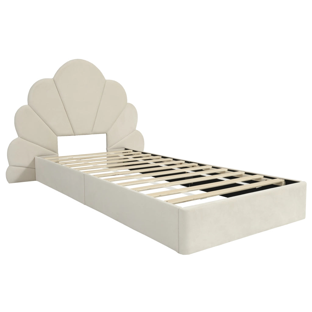 Letto Singolo 90 x 200 cm - Testiera a Petali e Tavolini Laterali - in Velluto - Beige