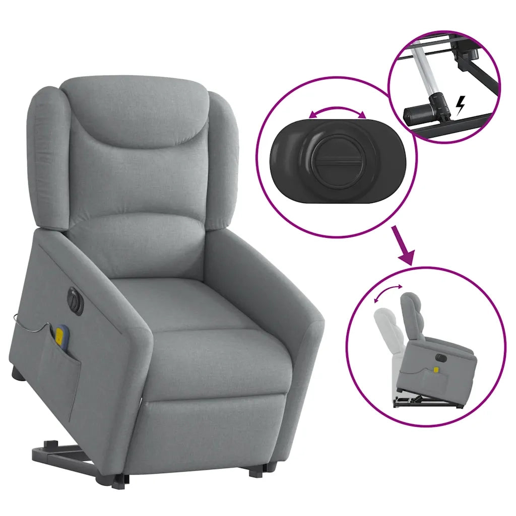 vidaXL Poltrona Alzapersona Massaggi Elettrica Grigio Chiaro Tessuto