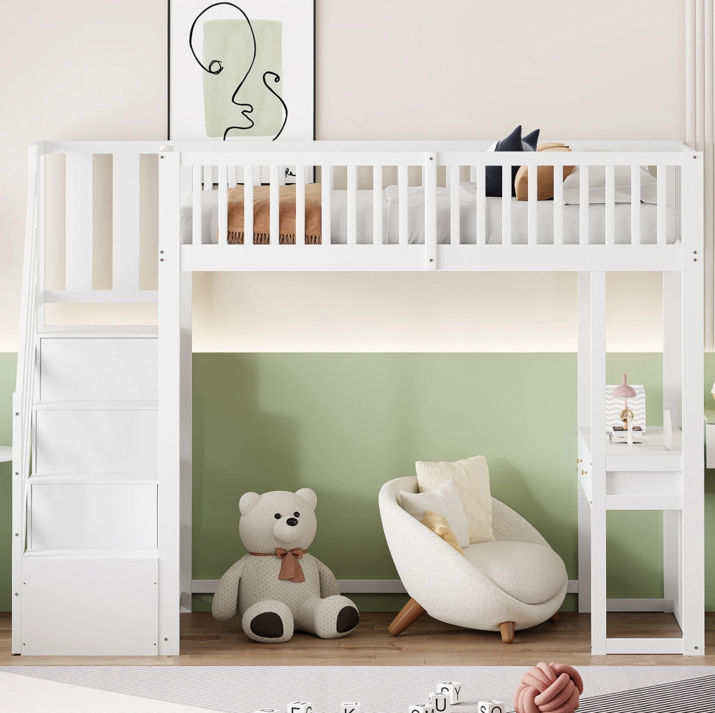 Letto a soppalco 90x200 cm con tavolo multifunzione in legno bianco