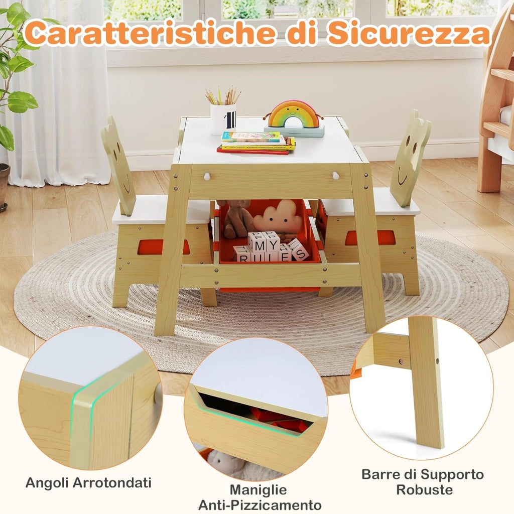 Set Tavolo e 2 Sedie per Bambini, 5 in 1 Tavolino e Sedie con 4 Ganci, 3 Scatole in Tessuto e Lavagna Reversibile per Bambini 3+ Anni per Cameretta Ragazzi (Naturale, Stile 4)