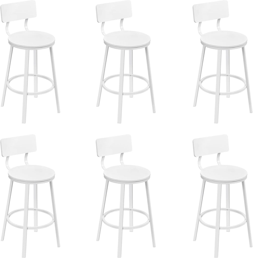 Sgabelli Cucina Set di 6, Sgabelli da Bar per Colazione, con Poggiapiedi e Schienale, Struttura in Metallo, Bianco