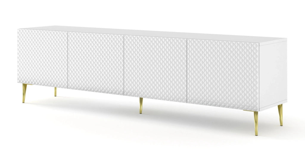 MOBILE RAVENNA C DIAMOND MDF HG PORTA TV 4D 200 BIANCO OPACO GAMBE BIANCO LUCIDO ORO