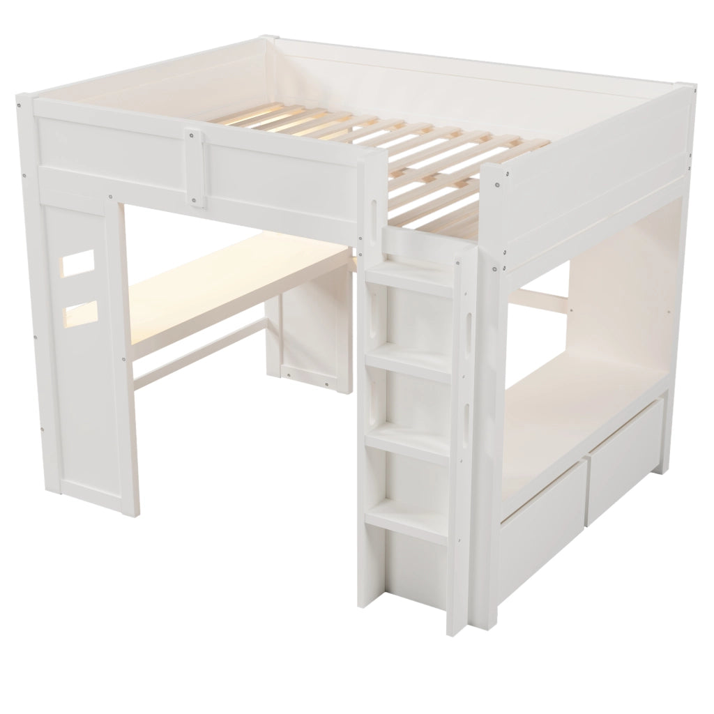 Letto a soppalco 140×200 cm con scrivania; LED; USB; Type-C; 2 cassetti e stender; senza materasso; bianco