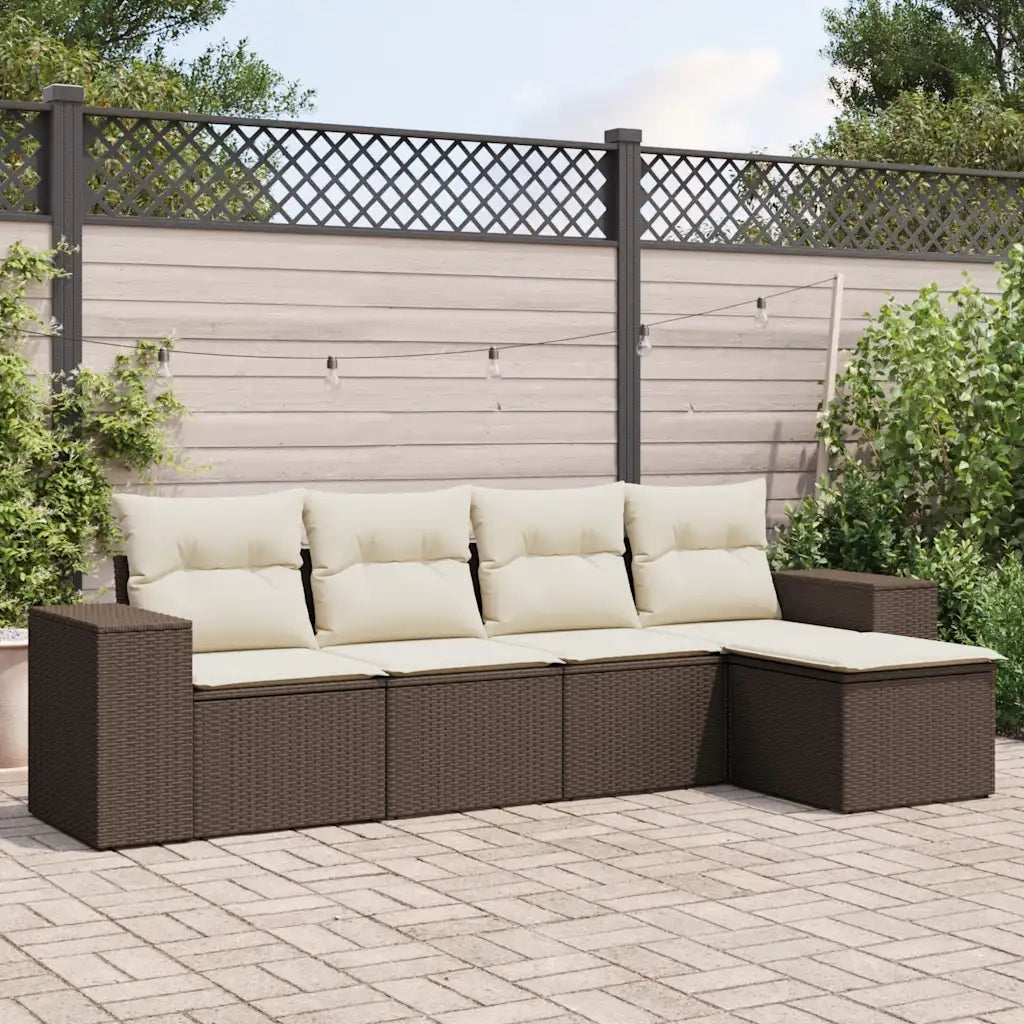 Set Divano da Giardino 5 pz | Set Salotto da Giardino con Cuscini Marrone in Polyrattan