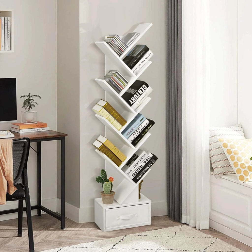 Libreria ad Albero, a 8 Ripiani, Scaffale per Libri con Cassetto Rimovibile, Design di Antiribaltamento, Organizzazione per CD, Riviste, Libri, 38x20x149,5 cm, 4 Colori (Marrone)