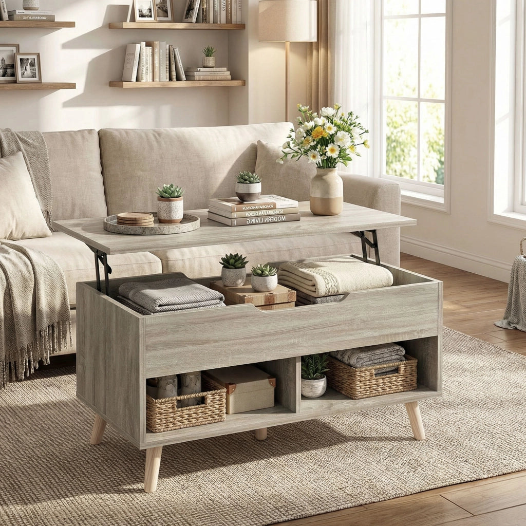 Tavolino da salotto con ripiano sollevabile e scaffali aperti ¨C zephmum ¨C legno naturale 75x40x58 cm