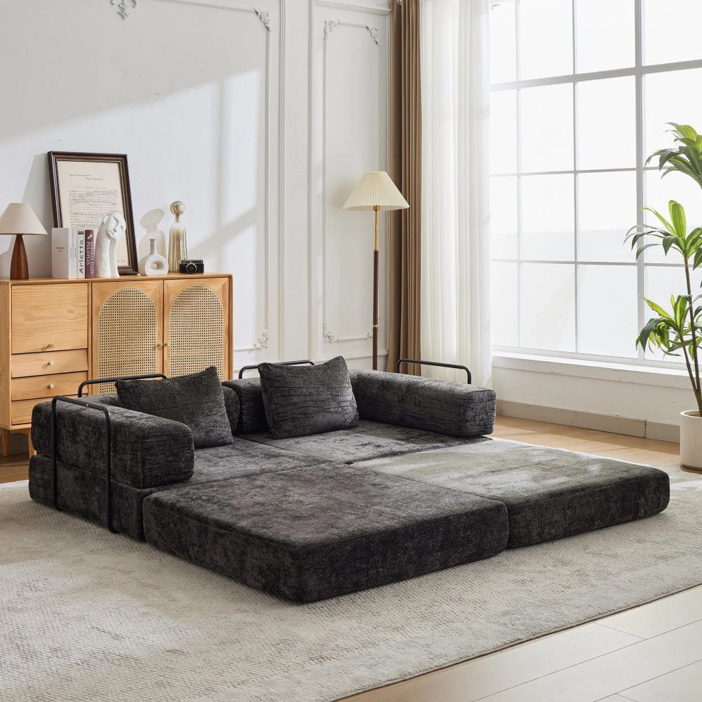 Divano letto modulare a 2 posti in chenille nero convertibile pieghevole senza montaggio 38 × 107 × 44 cm