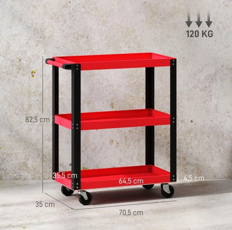 Carrello portautensili in metallo a 3 ripiani con ruote, rosso