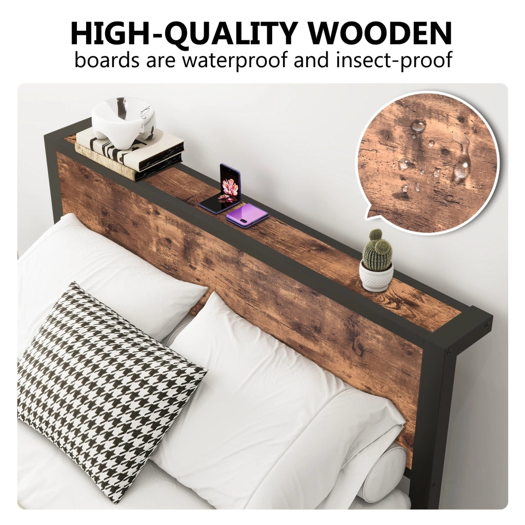 Letto per adulti 140 × 200 cm con testiera contenitore, senza materasso, in MDF e metallo, marrone antico