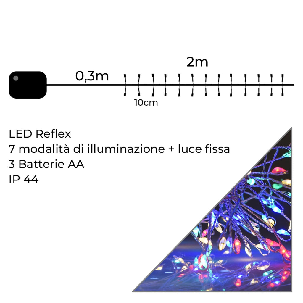 CATENA LUMINOSA NATALIZIA MULTICOLORE A BATTERIA CON 200 MICRO LED SU CAVO DI RAME DA 2 METRI - EFFETTO RAMO IDEALE PER INTERNI ED ESTERNI
