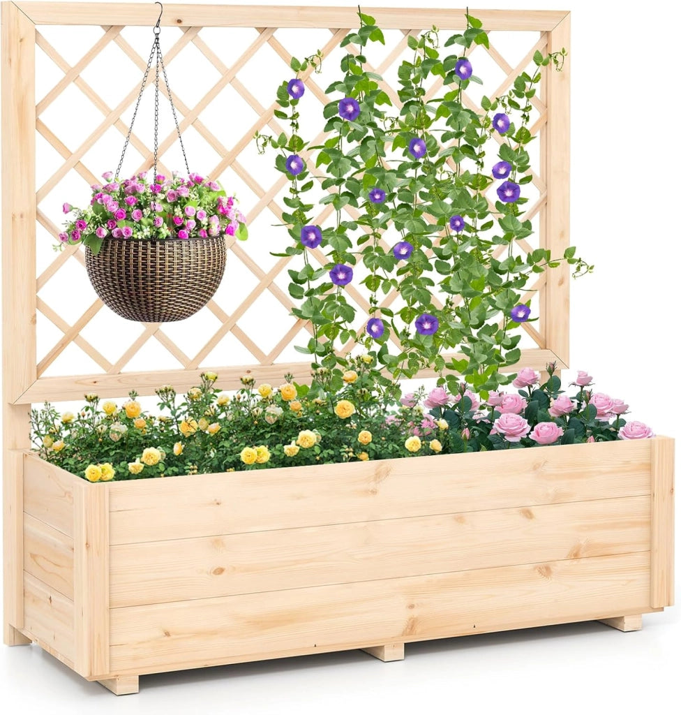 Fioriera con Traliccio, Letto da Giardino Rialzato con Grigliato e Fori di Drenaggio, Aiuola Elevata in Legno per Piante Rampicanti da Interno ed Esterno (98 x 35 x 101 cm)