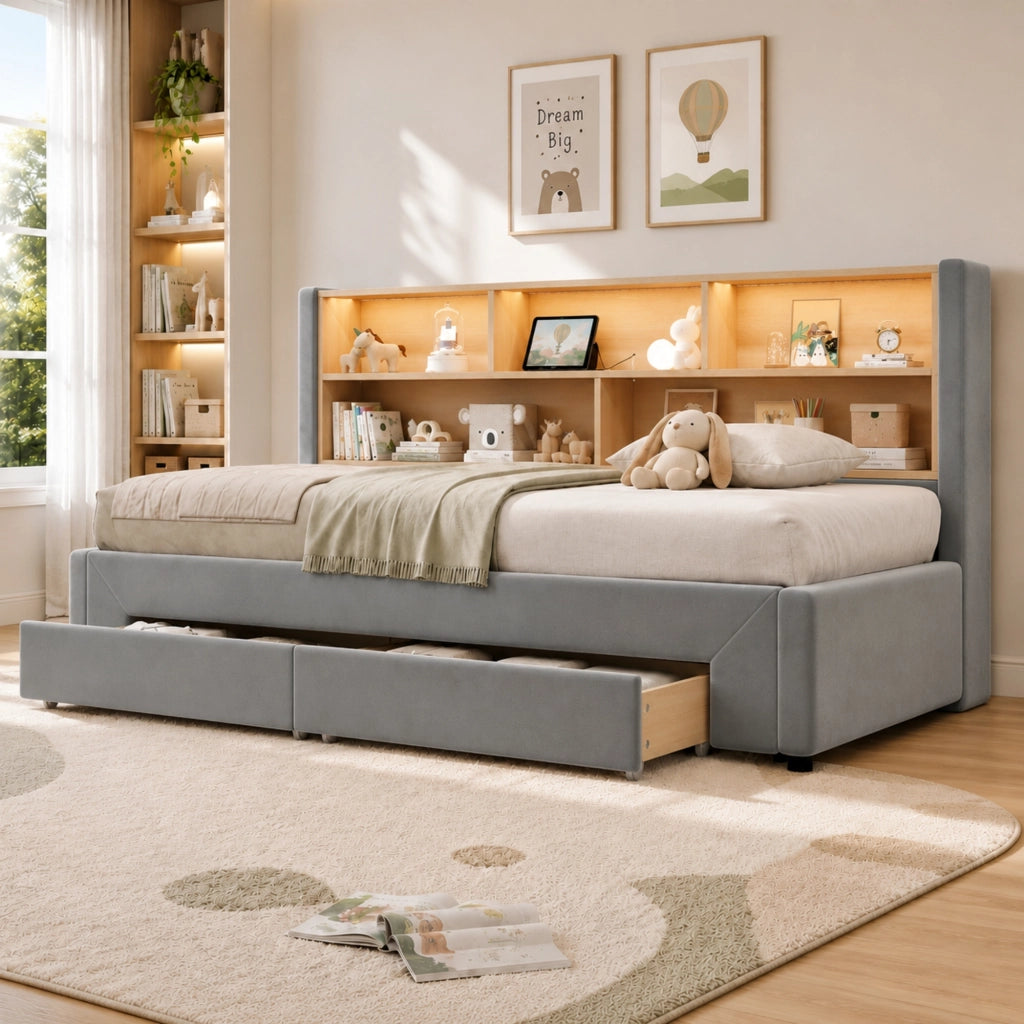 Letto daybed estraibile con cassetti, prese USB e Tipo-C, illuminazione LED, velluto grigio 90x200 cm