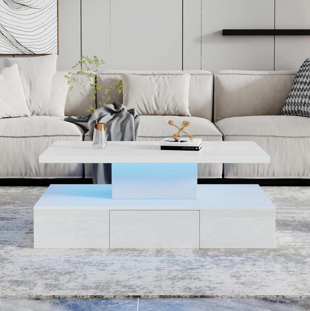 Tavolino da caffè bianco LED con cassetto, 100x50x39 cm