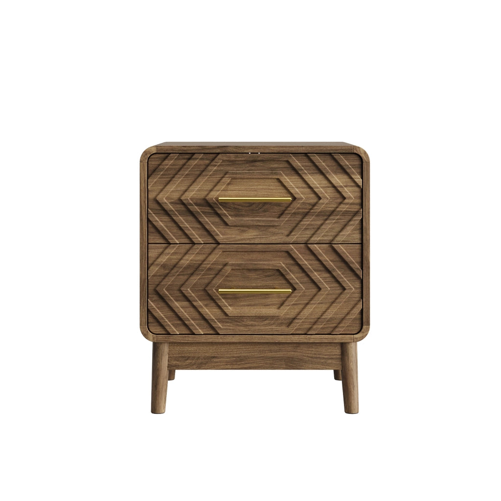 Comodino con 2 cassetti e frontali geometrici, stile moderno, per camera da letto, in MDF, marrone noce