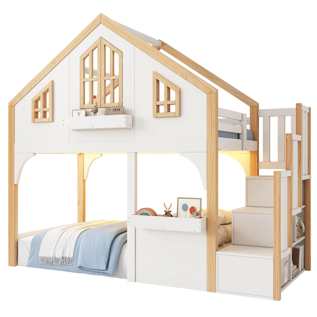 OKWISH Letto a Soppalco 90×200 cm, Letto Singolo con Scala Contenitore, LED e Finestra, senza Materasso, in Pino, Bianco