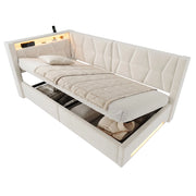 Letto Singolo 90x200 cm con Contenitore; USB; Type-C e LED in Velluto Beige