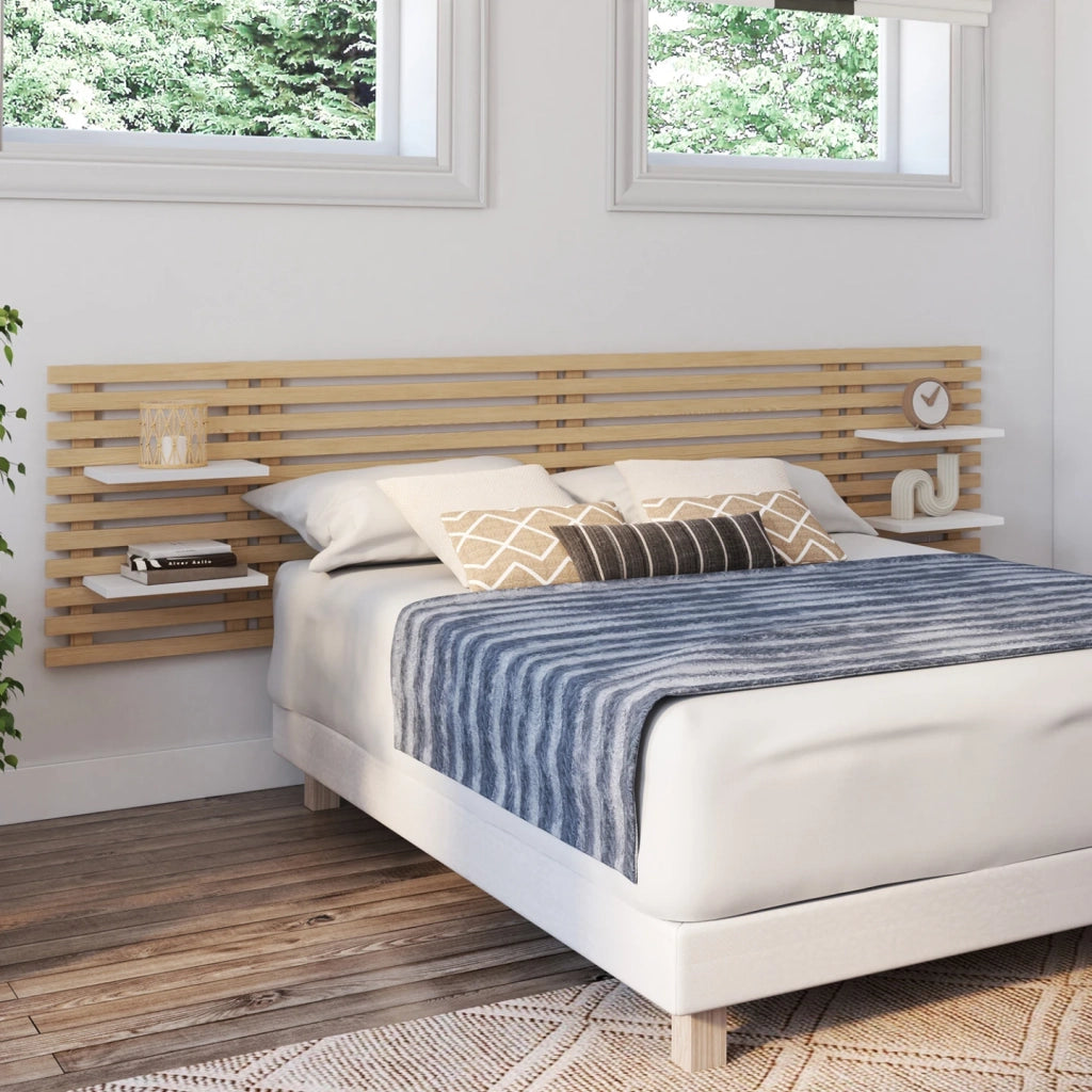 IDMarket - Testiera effetto doga 240 cm in legno chiaro e ripiani bianchi AVA