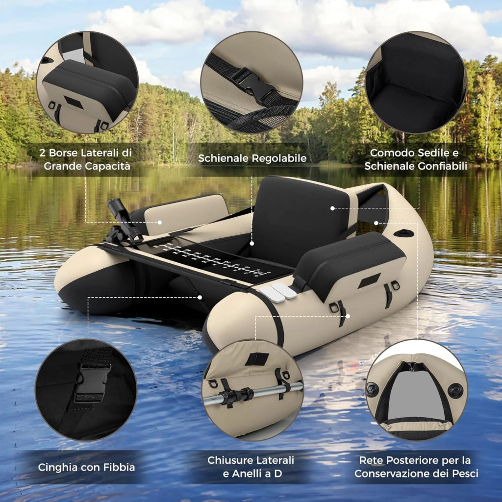 Belly Boat da Pesca Portatile, Gommone Gonfiabile da Pesca con Porta Canne Regolabile, Pompa, Pagaia in Alluminio, Spallacci e Kit di Riparazione, Barca da Mare con 2 Pinne, capacità 160kg