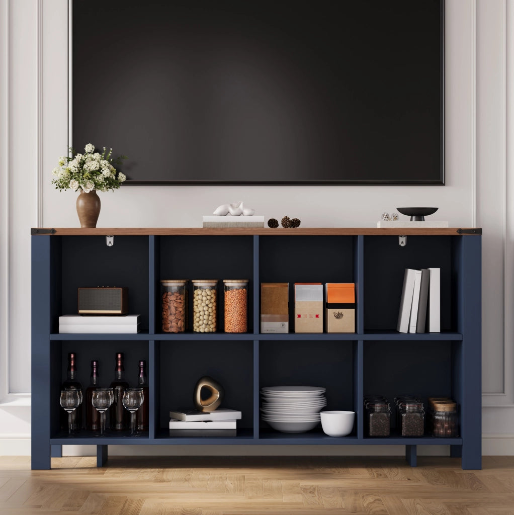 Libreria Orizzontale Blu in MDF a 8 Vani 140x34x75 cm