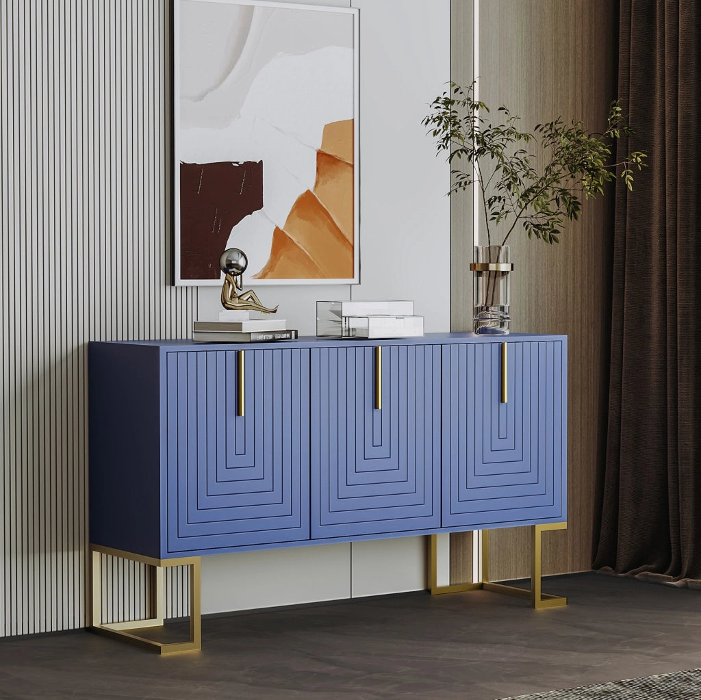 Credenza moderna 3 ante blu navy con ripiani regolabili; maniglie dorate e base in metallo