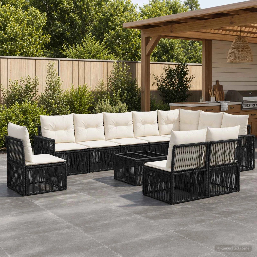 Set Divano da Giardino 11 pz Nero e Bianco Crema polyrattan 3435154