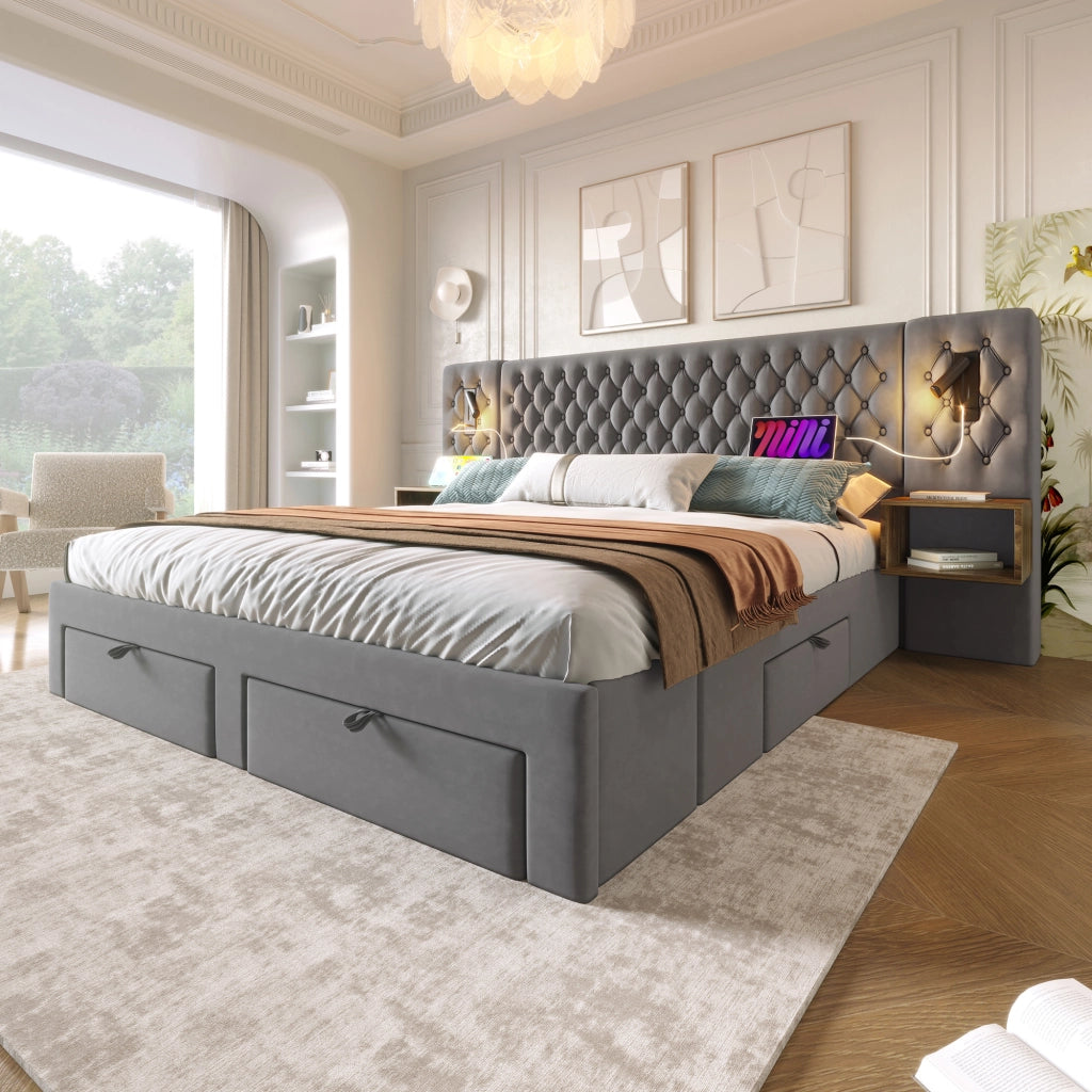 Letto matrimoniale 180 × 200 cm con 2 comodini, 4 cassetti, lampada da lettura e USB, senza materasso, velluto grigio