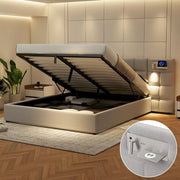 OKWISH Letto Contenitore 180×200 cm, Letto Matrimoniale con USB, Ricarica Wireless e Lampada, senza Materasso, in Lino, Grigio