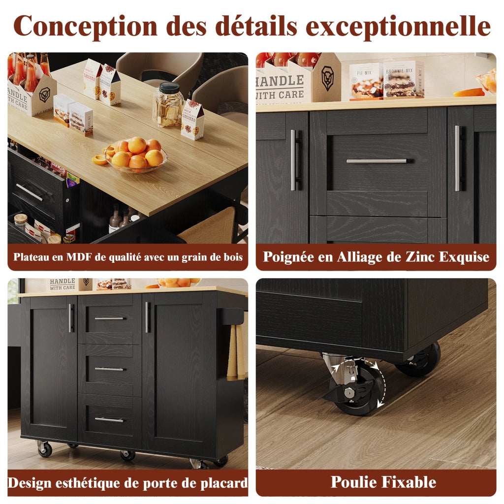 Isola Cucina con Ruote ¨C MINIMAL ¨C Nero, Legno, Ripiani, Portasalviette