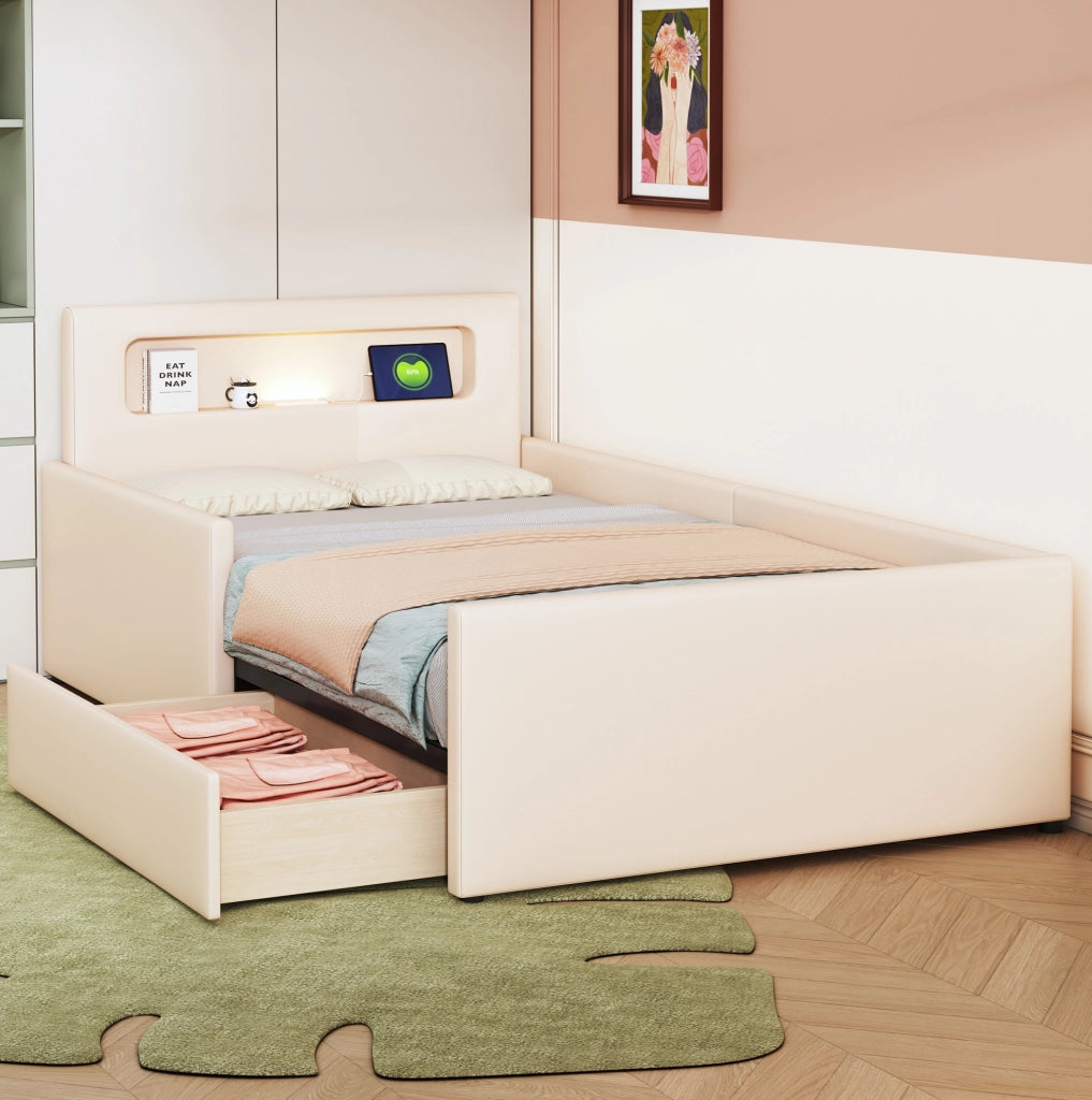 Letto imbottito per bambini 90x200 cm con LED; USB e cassetti; beige