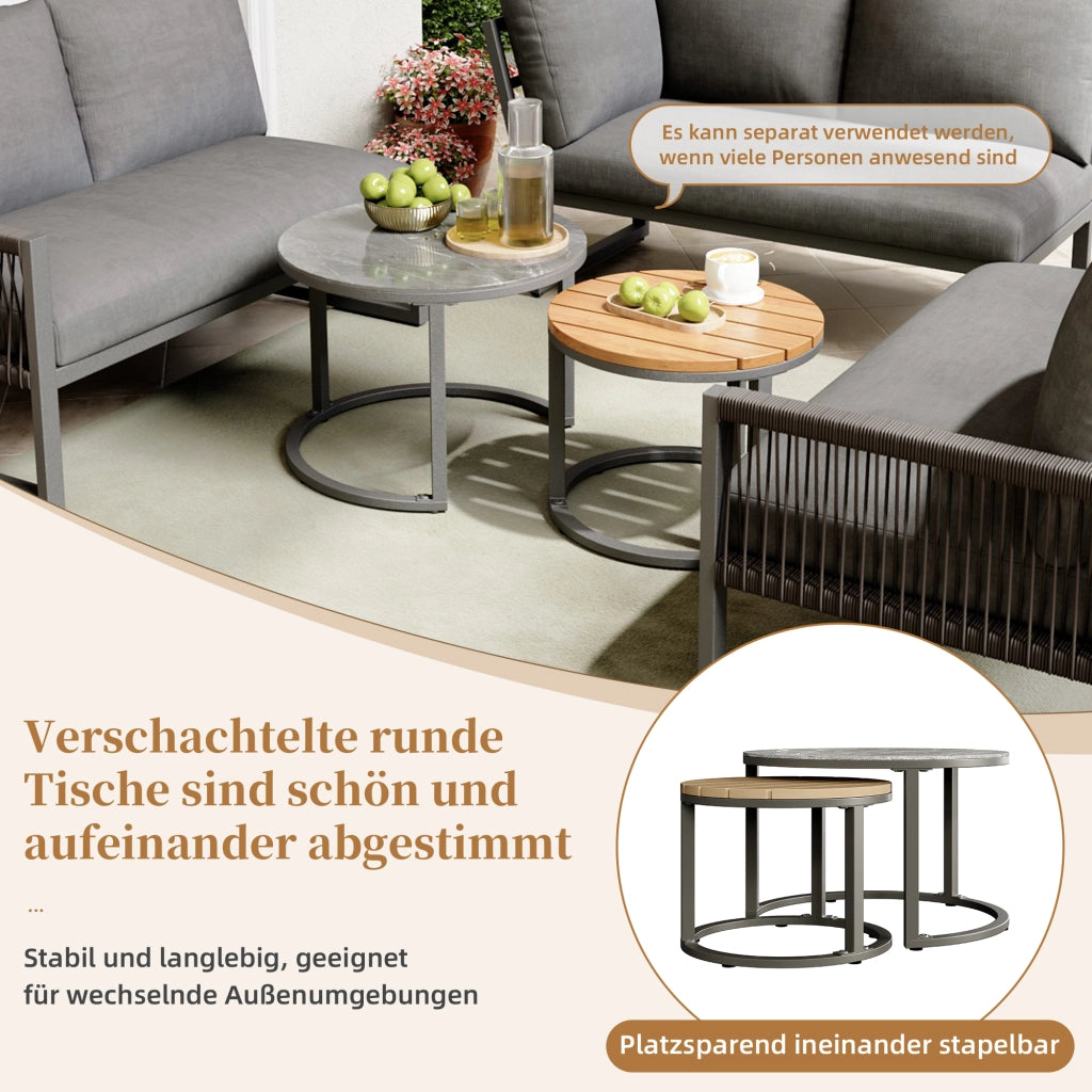 Set lounge da giardino a 5 pezzi con divano angolare, tavolini, struttura in metallo zincato e cuscini grigio