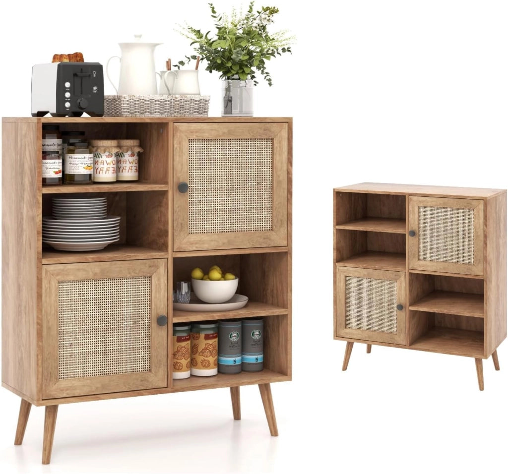 Credenza Cucina con Ante in Rattan, Armadietto a Buffet in Legno, Mobile Buffet Dispensa Elegante e Classico con Ripiano Aperto, per Sala da Pranzo, Soggiorno, 80 x 29,5 x 97 cm, Naturale