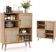 Credenza Cucina con Ante in Rattan, Armadietto a Buffet in Legno, Mobile Buffet Dispensa Elegante e Classico con Ripiano Aperto, per Sala da Pranzo, Soggiorno, 80 x 29,5 x 97 cm, Naturale