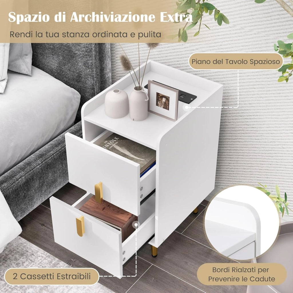 Comodino con Stazione di Ricarica, Comodino con 2 Cassetti, 2 Porte USB e 3 Prese, Tavolino Leterale con Gambe in Metallo, Portata Tolate 20 kg, 32 x 40 x 60 cm (2, Bianco)