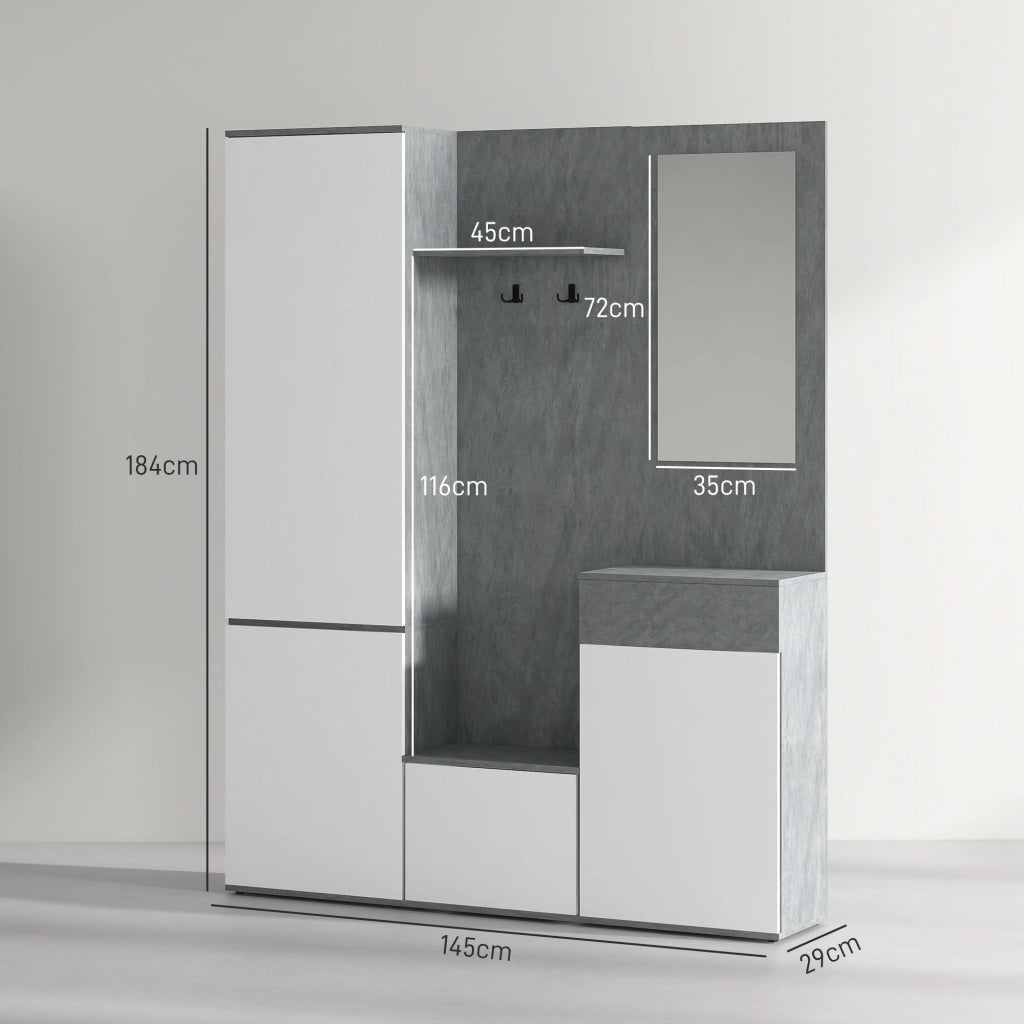 Mobile Guardaroba per Ingresso con Specchio Appendiabiti e Armadio 145x29x184 cm Grigio e Bianco