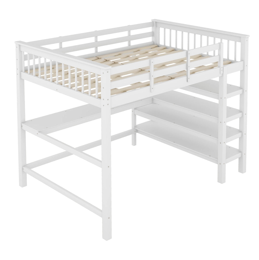 Letto a soppalco 140x200 cm con scrivania e ripiani; pino; bianco (Senza materasso)