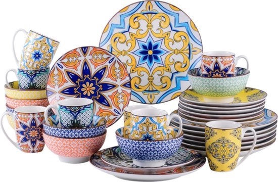 Servizio da Tavola a Motivi Geometrici Colorati - 32 Pezzi - Per 8 Persone - Design Unico
