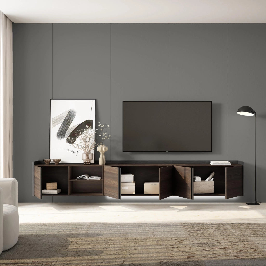Mobile TV Soggiorno, 309x50x35 cm, Per TV fino a 80", Sospeso, da appendere, LED, Rovere scuro e Nero