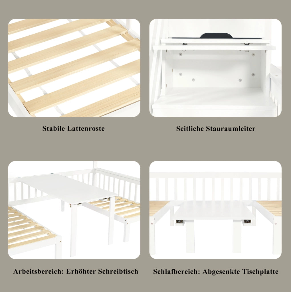 Letto a castello con scrivania pieghevole e scala contenitore 90x200/120x200 cm in legno e MDF bianco