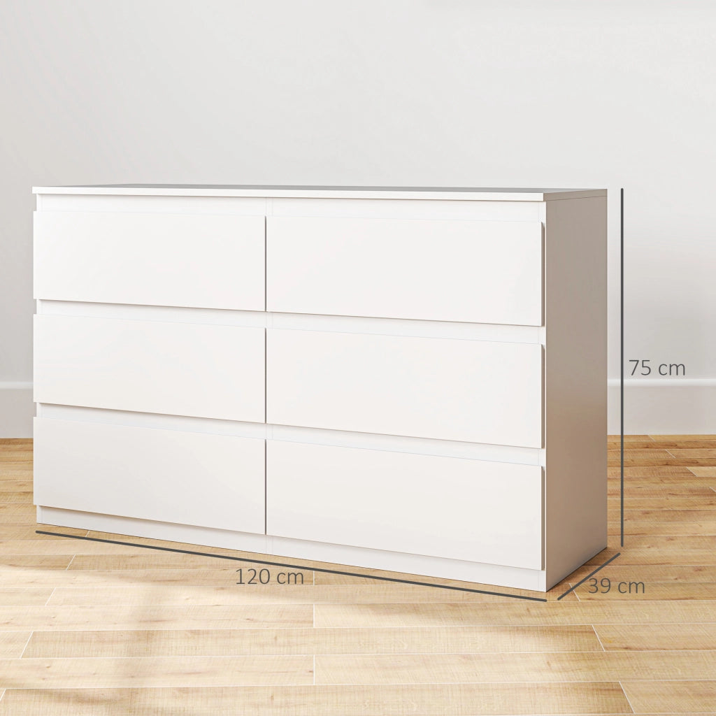Cassettiera 6 Cassetti per Camera da Letto in Legno con Guide in Metallo, 120x39x75 cm, Bianco