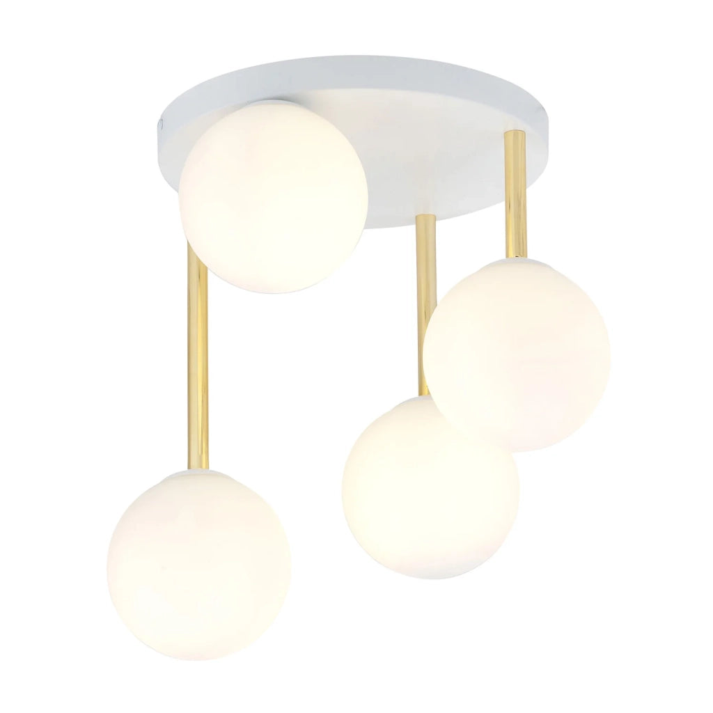 Plafoniera Contemporanea 4 Luci Teseo In Acciaio Bianco Oro E Sfere Vetro Bianco