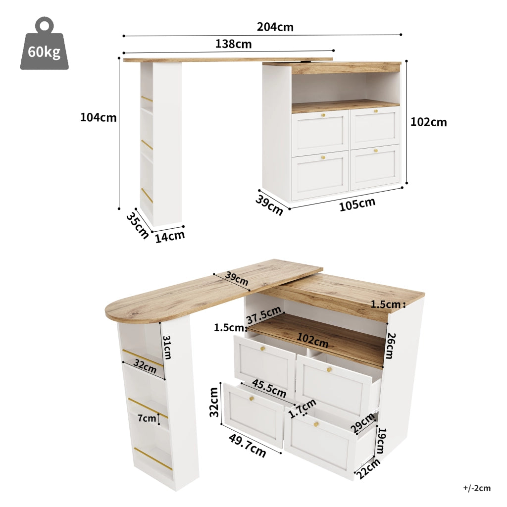 OKWISH Mobile Contenitore Modulare con 4 Cassetti e Ripiani Aperti Girevoli 360, per Soggiorno Studio, MDF, 105 x 39 x 102 cm