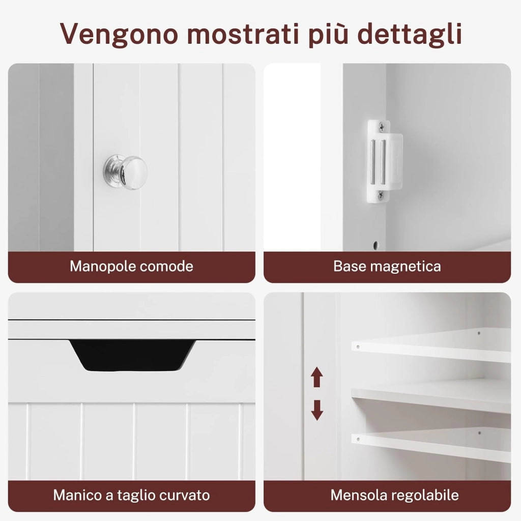 Mobile da Bagno Salvaspazio Stretto e Alto con Cassetto, Armadietto Bagno Moderno 2 Ante + 1 Cassetto 40x30x170 cm, Bianco