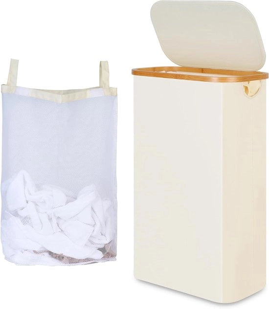 Cestino da Spazzatura 60 l - Beige - Tas Interno Rimovibile - Incluso Manico in Bambù