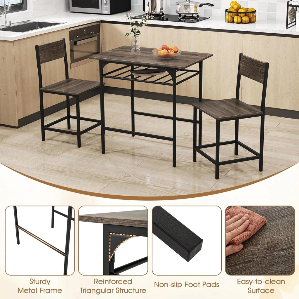 Set da pranzo 3 pezzi, tavolo da pranzo con ripiano per bottiglie e 2 sedie con schienale, design compatto, stile industriale, tavolo da colazione per 2 persone (grigio)