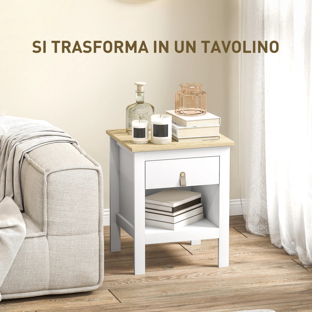 Comodino con Cassetto e Ripiano Aperto in Legno ¨C zephmum ¨C Bianco e Rovere 45x40x55