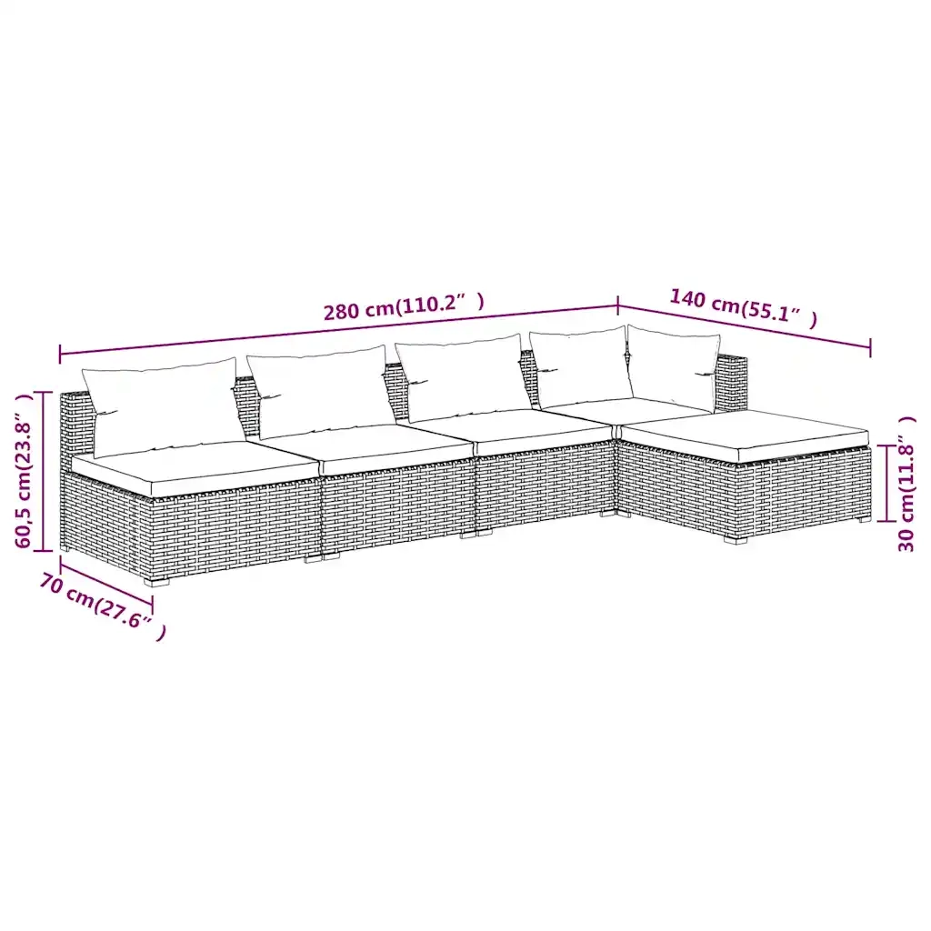 Set Divani da Giardino 5 pz con Cuscini in Polyrattan Marrone cod mxl 44474