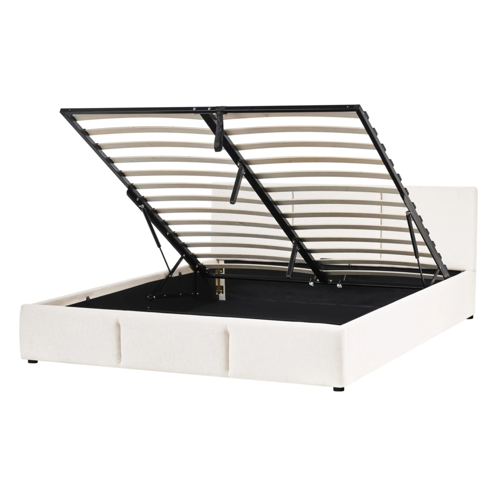 Letto rivestito in tessuto bianco sporco 140 x 200 cm testiera trapuntata con vano portaoggetti