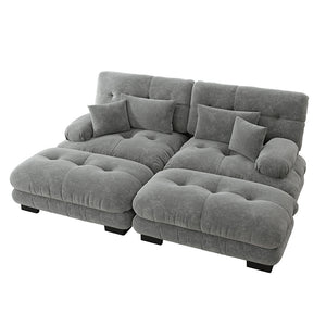 Divano angolare Cloud - Xylo - 2 posti in chenille con 2 cuscini lombari e 2 pouf, grigio