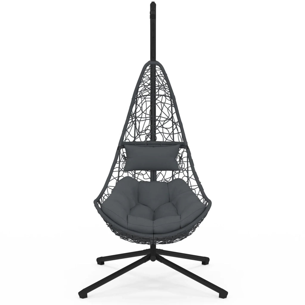 IDMarket - Poltrona sospesa a mezzaluna in rattan traforato grigio con cuscino grigio