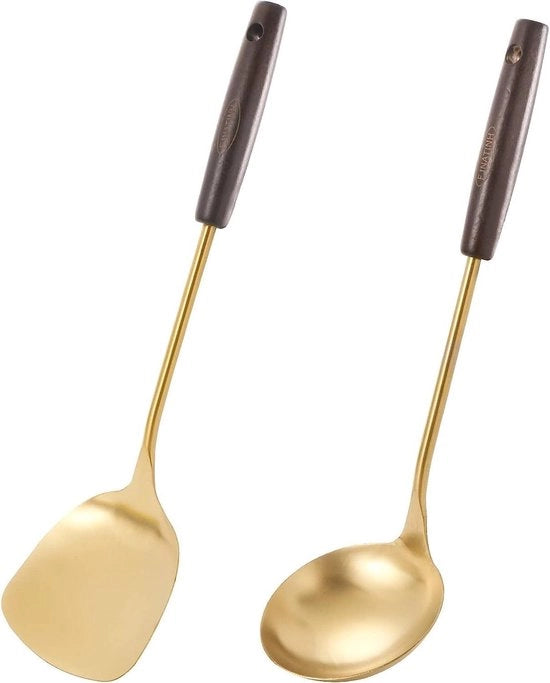 Set di spatola e cucchiaio - Utensili per wok - Acciaio inossidabile - 35-35 cm - Cucchiaio dorato